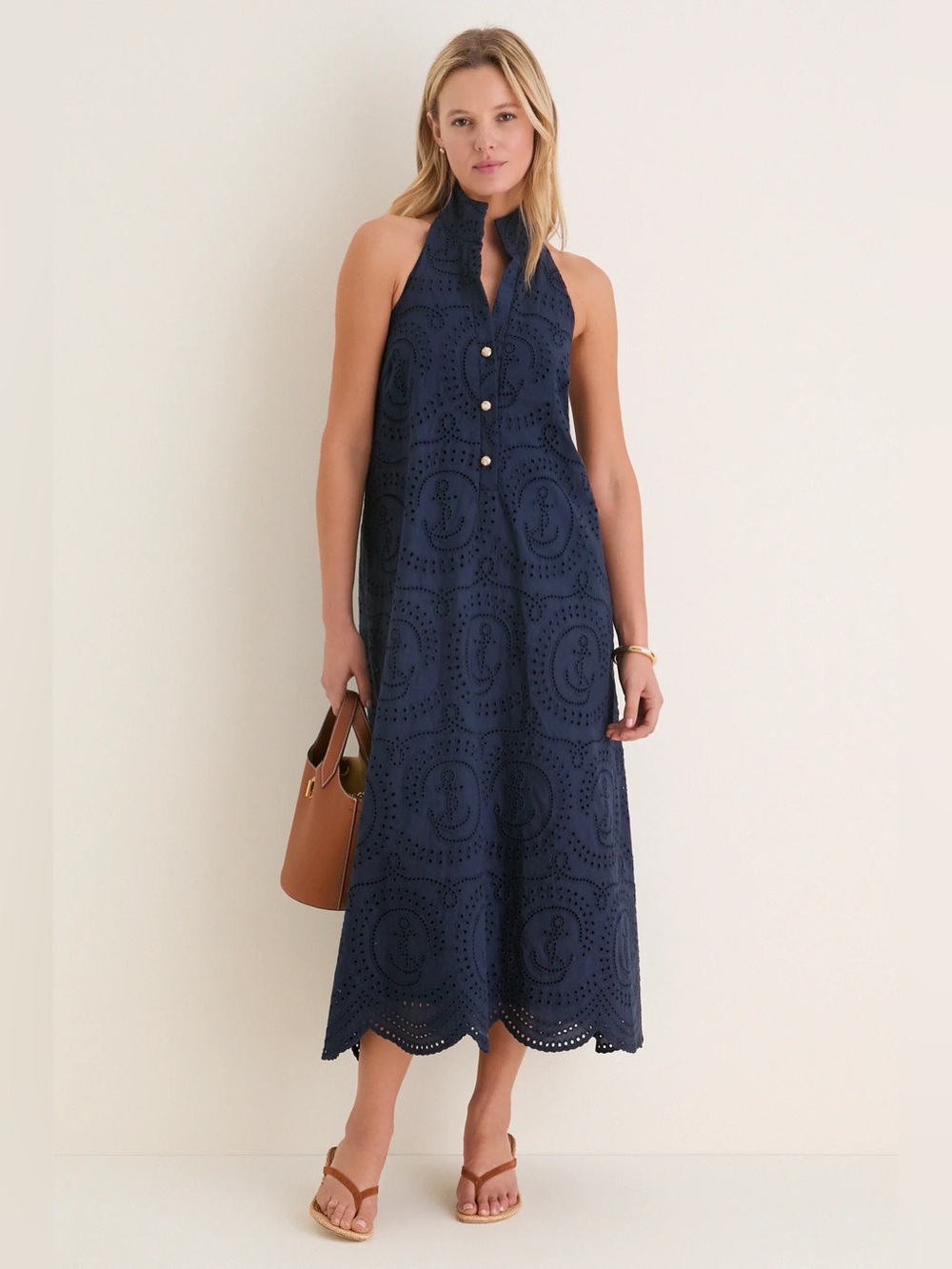 Tuckernuck Navy Eyelet Halter Midi Dress - Picture 1 of 12